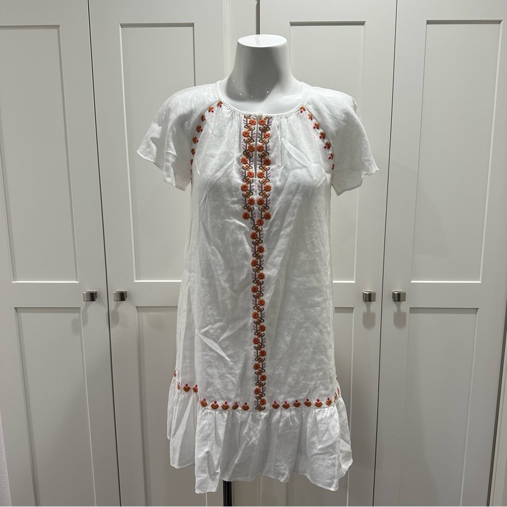 Madewell Embroidered Linen-Blend Raglan Ruffle Mini Dress Size Extra Small - Picture 3 of 11